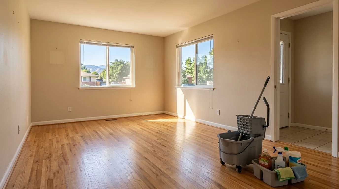 an emptied living room in an Arvada house mid move-clean, bare walls and floor freshly vacuumed and mopped, a mop bucket and cleaning caddy near the doorway, no people, no furniture