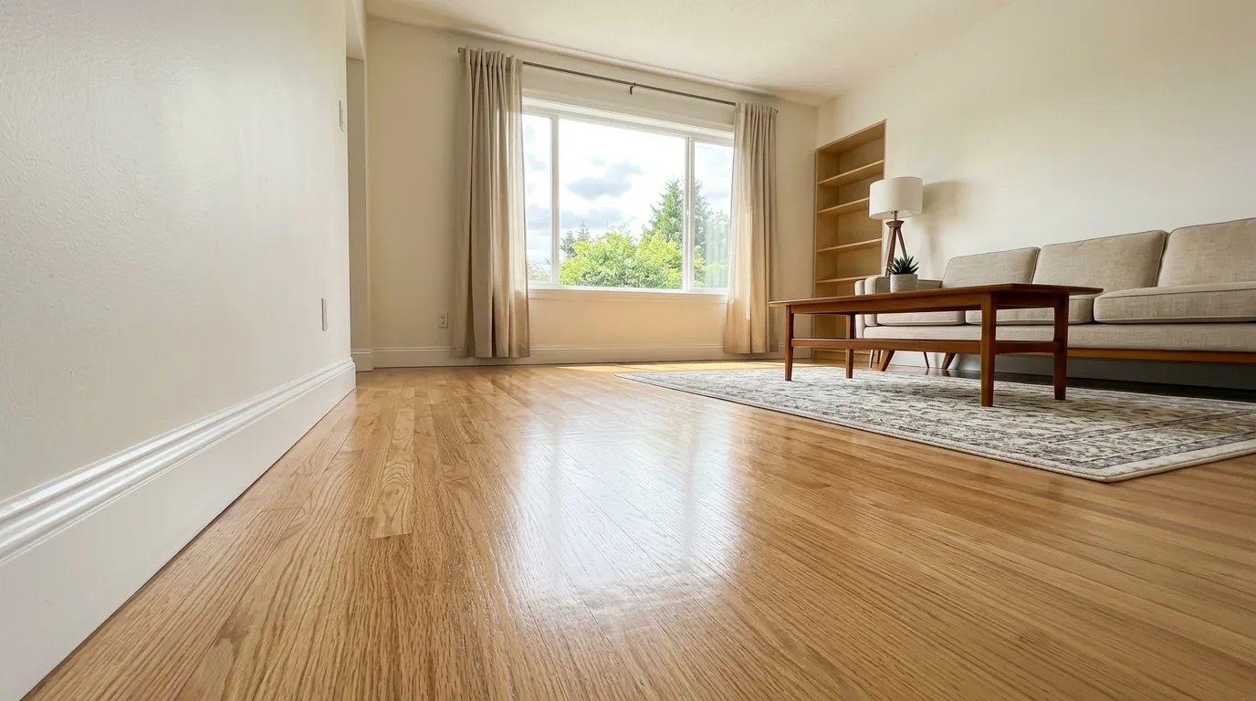 a freshly deep-cleaned living room, scrubbed hardwood floor reflecting midday light, dust-free surfaces and baseboards, no people, no text