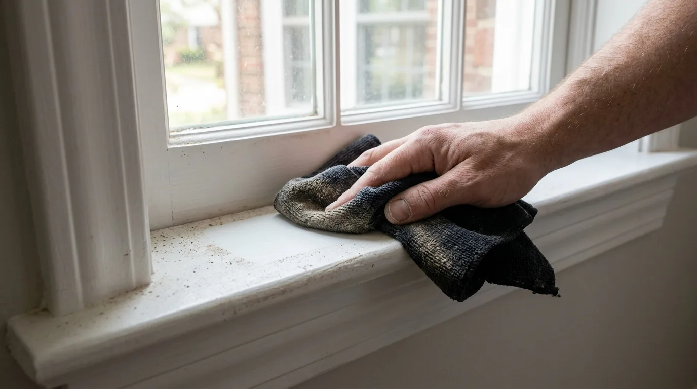 close view of a hand wiping fine construction dust from a painted windowsill and trim with a cloth after a remodel, natural daylight, no people's faces, no text or logos