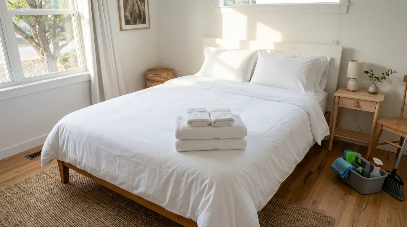 a freshly stripped and remade bed with crisp white linens and folded towels stacked at the foot, in a sunlit short-term rental bedroom between guests, no people, no logos