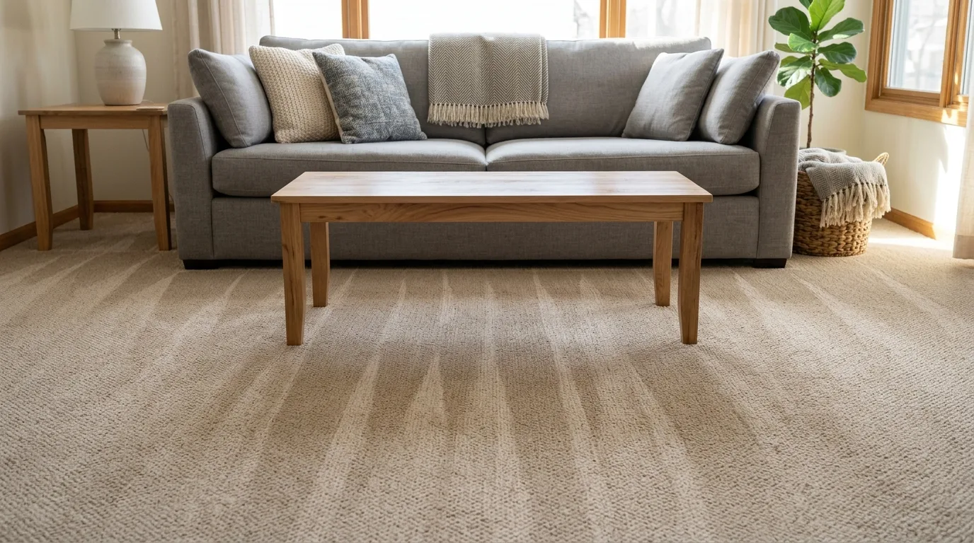 a freshly vacuumed living room carpet with crisp lines, tidy cushions and a bare, wiped coffee table in soft daylight, no people visible